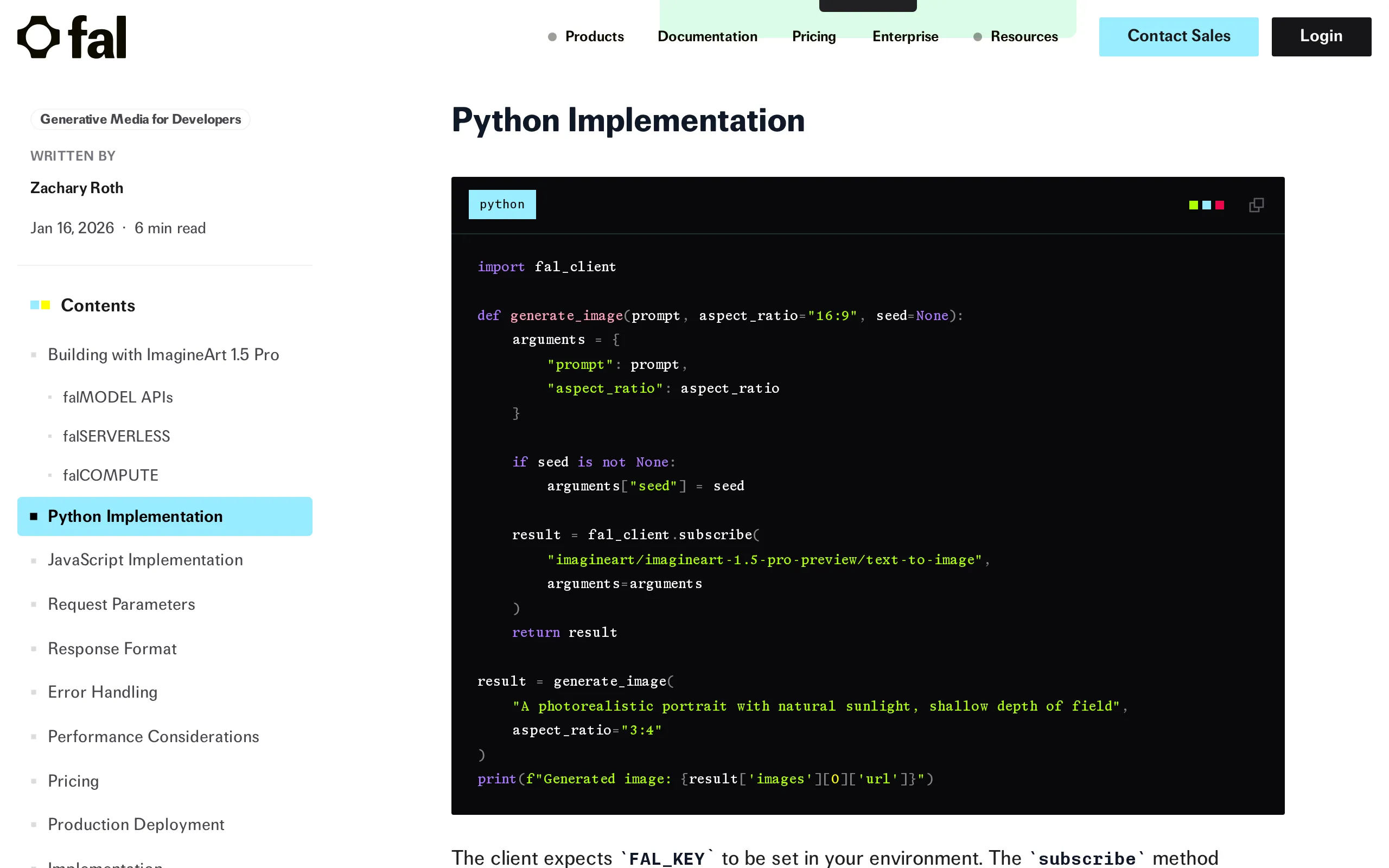 The Python code sample on ImagineArt 1.5 Pro User Guide, a page keygrip wrote for fal