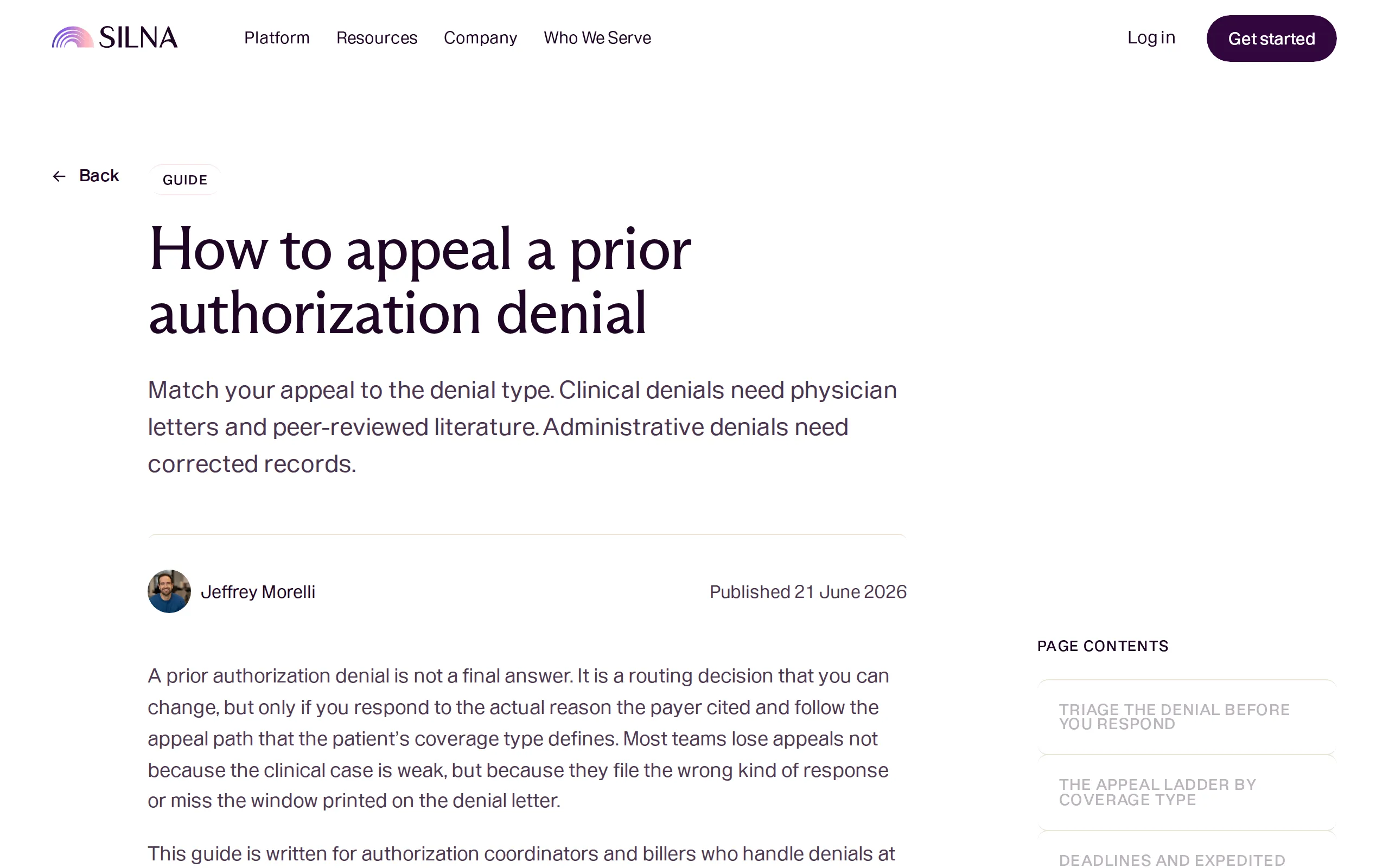 The top of How to appeal a prior authorization denial, a page keygrip wrote for Silna Health